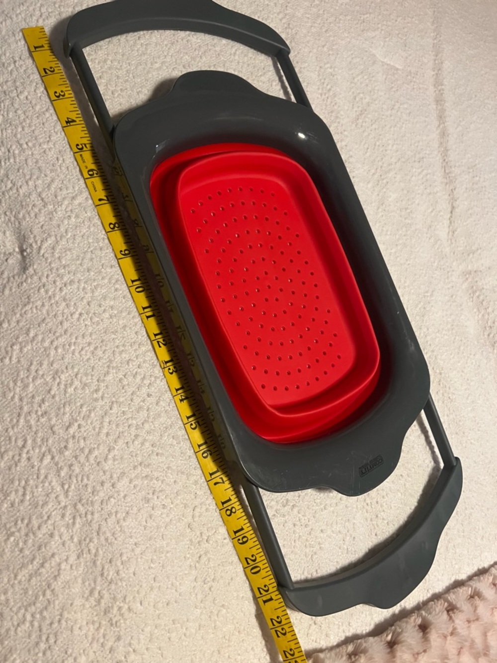 Collapsible Red Silicone Colander with Gray Rim - Picture 2 of 6
